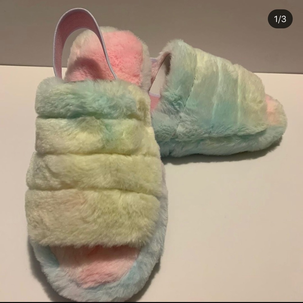 Fluffy rainbow slippers